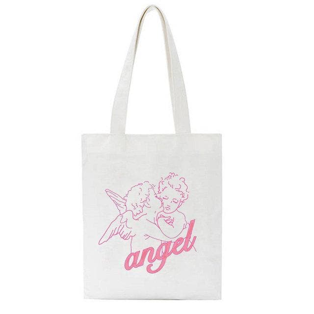 Fiorucci Letter Angel Cartoon Casual Vintage Large-capacity Fashion Harajuku Canvas Bag Hip Hop Shopping Bag Women Shoulder Bags 34*42cm