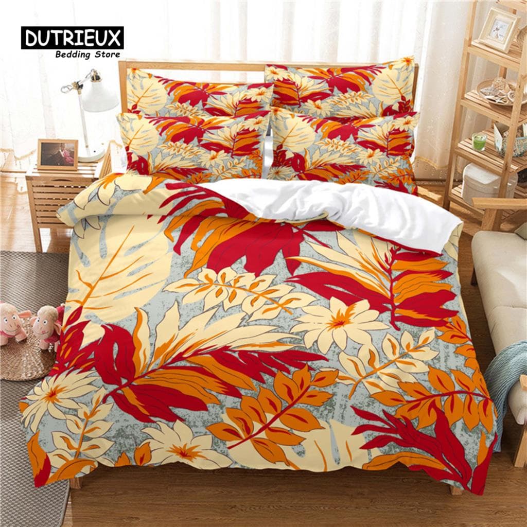 Fresh Leaves Bedding Set, 3Pcs Duvet Cover Set, Soft Comfortable Breathable Duvet Cover, For Bedroom Guest Room Decor EU single(135x200cm)