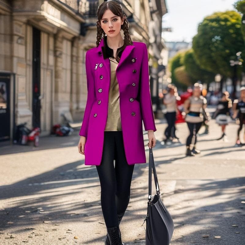 Autumn and Winter Long Woolen Zippered Coat for Women, Double Breasted and Multiple Pockets 3XL
