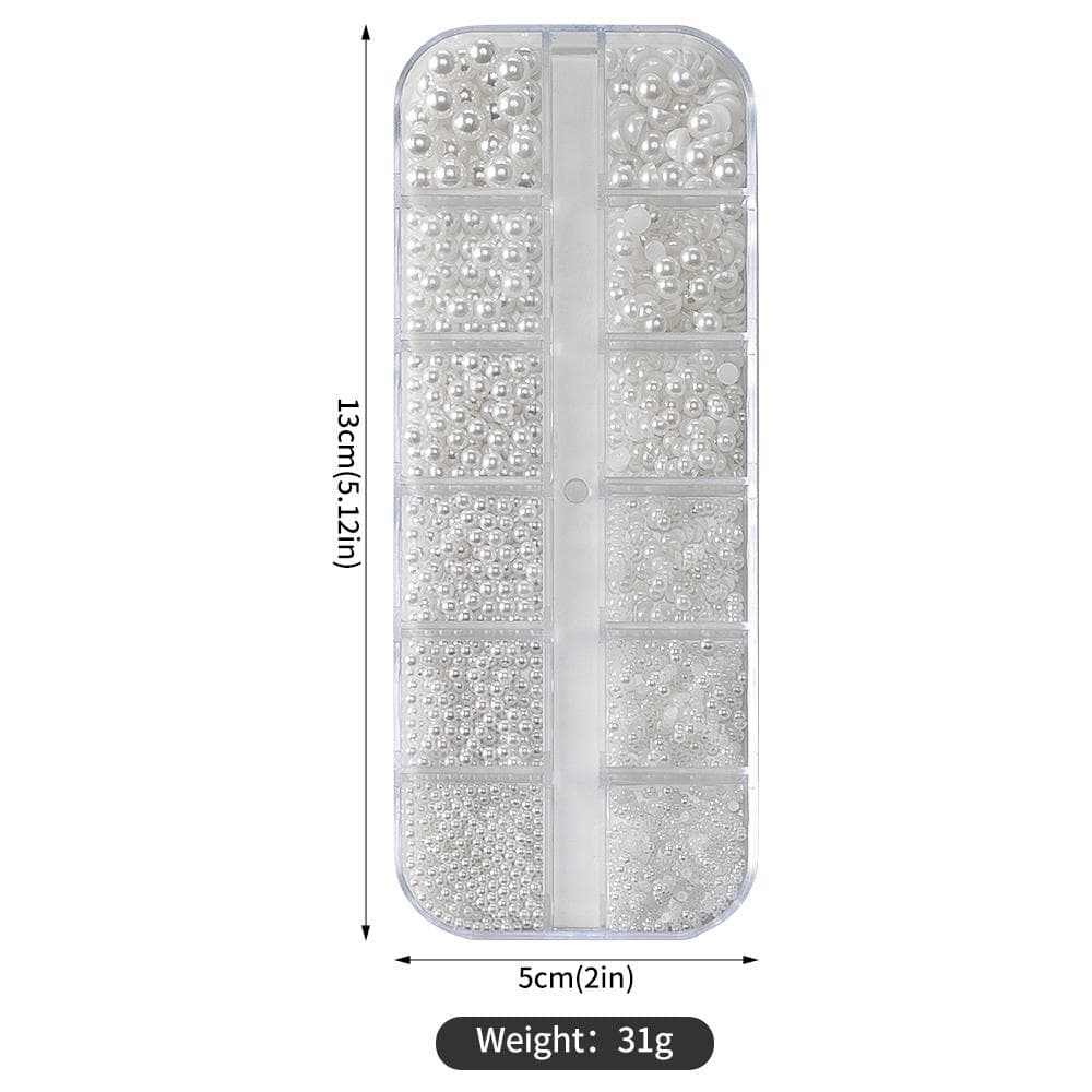 Round White Simulation Pearls Nail Beads Nail Charms 12 Grids Beads Nail Jewelry Half Round Flat Pearls DIY Nail Art Decor white