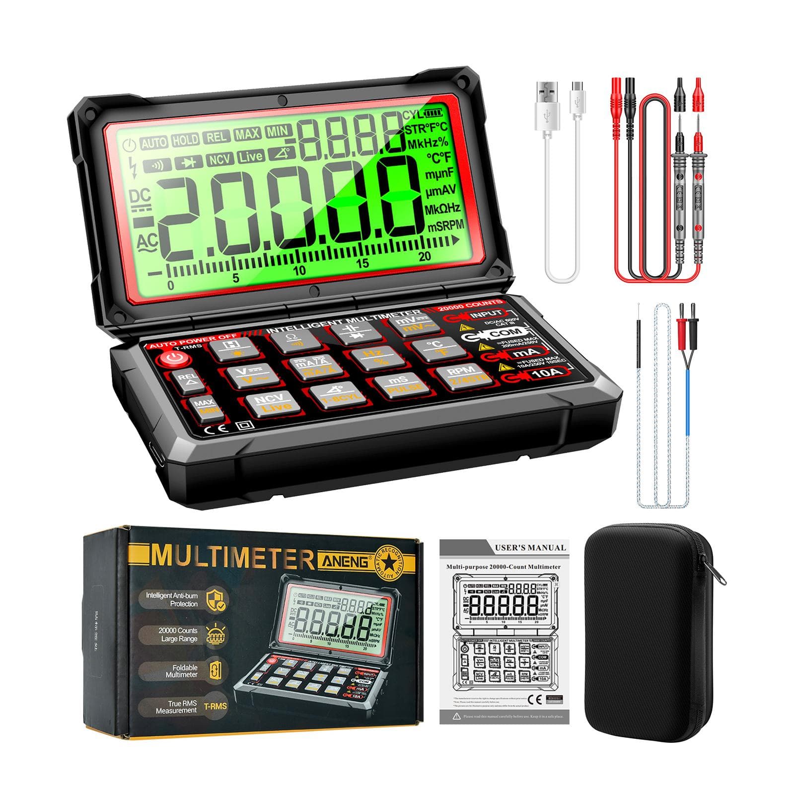 ANENG 623 Car Multimeter Digital Multimeter 20000 Counts RPM mS PLUSE Engine Dwell Angle Measure Standard version black