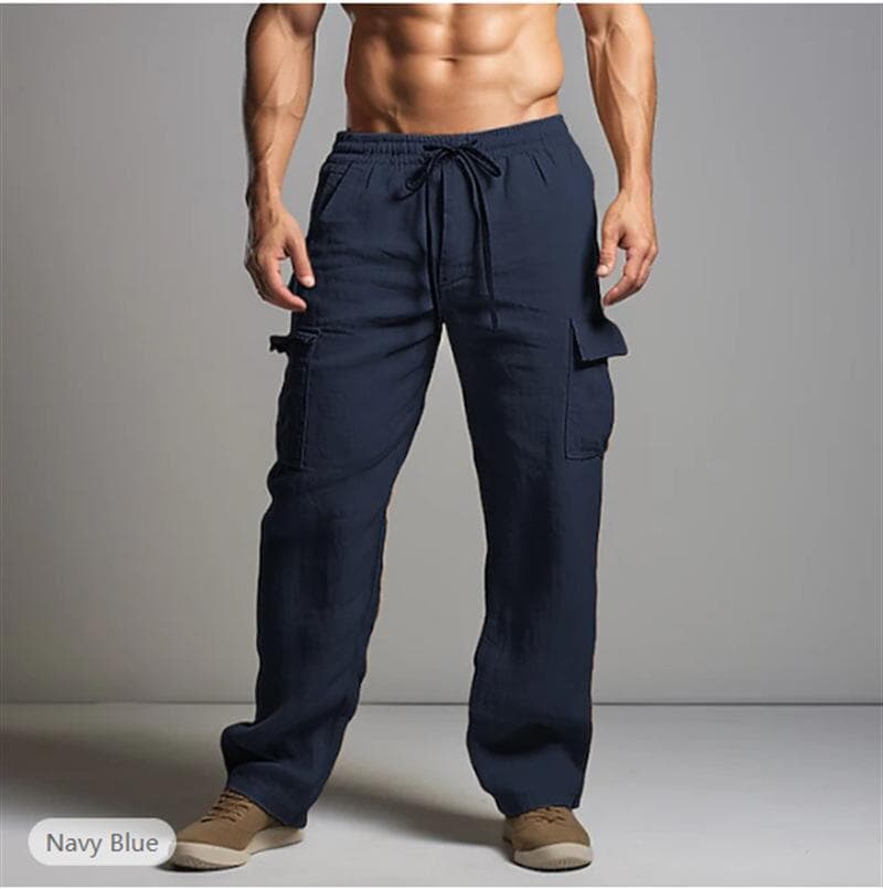 Men's Pants Casual Loose Lightweight Drawstring Elastic Waist Summer Yoga Beach Straight Trousers for Men Breathable Pants with Pockets S Dark blue