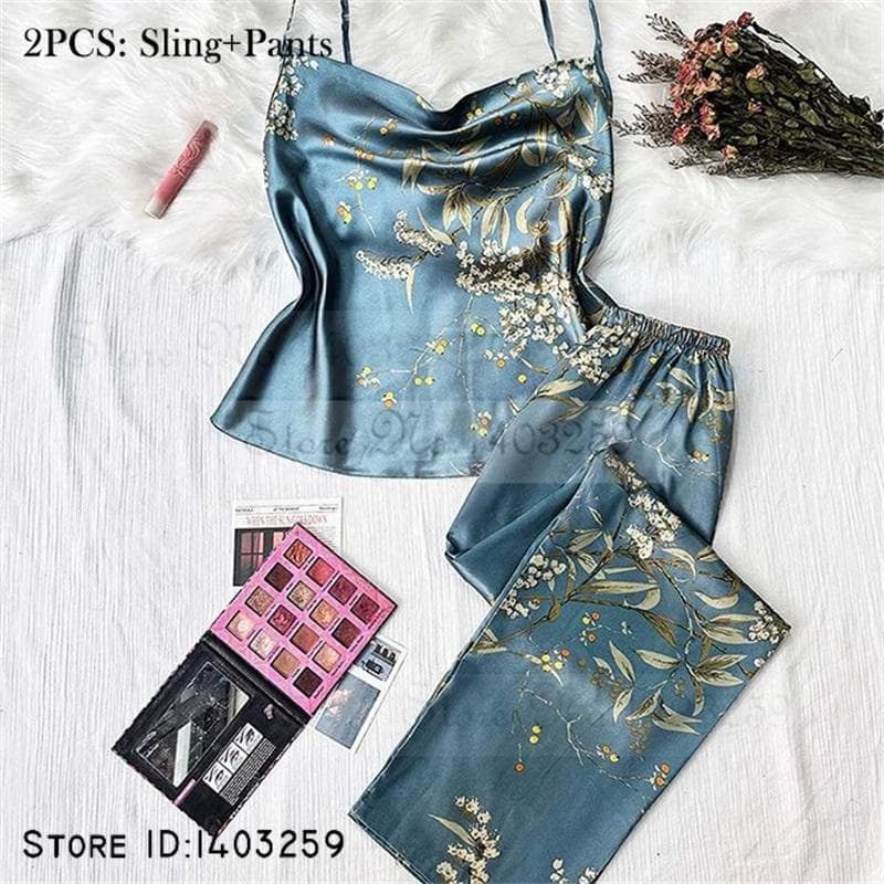 New Female 4PCS Pajamas Set Spring Summer Satin Sleepwear Intimate Lingerie Print Cherry Flower Nightgown Loose Home Clothes L