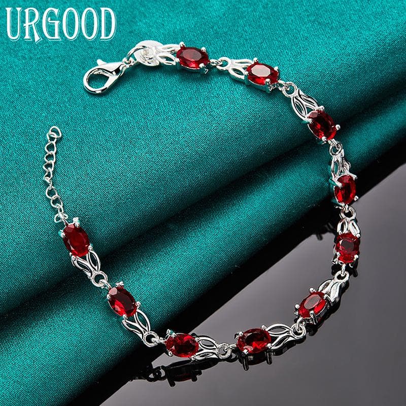 925 Sterling Silver Red AAA Zircon Bracelet Party Gift Romantic Jewelry 20cm