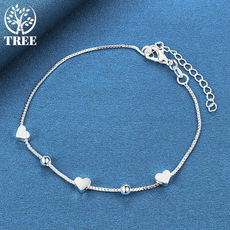 925 Sterling Silver Heart Round Bead Box Chain Bracelet Jewelry 20cm