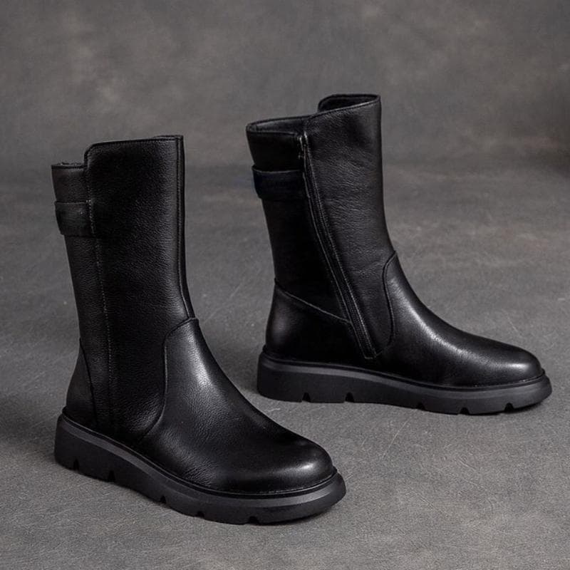Footwear Mid Calf Women's Boots Wedge Heel Biker Shoes for Woman Half High Leather Brown Fashion 2024 on Offer Y2k 39 black