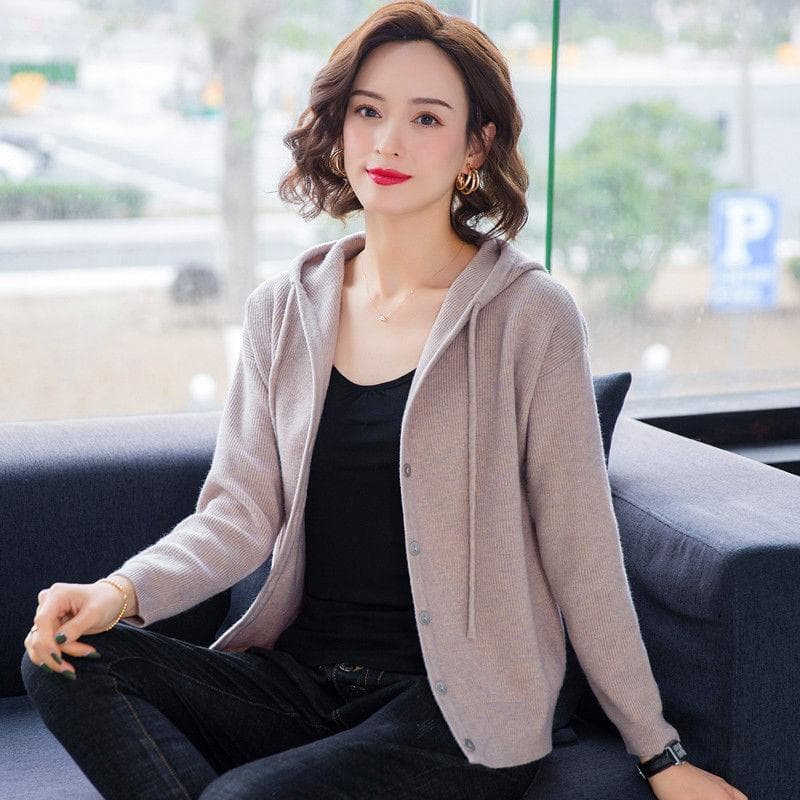 Casual Fashion Hooded All-match Knitted Cardigan Sweaters Women's Clothing Spring and Fall Solid Color Button Loose Korean Tops One Size light khaki