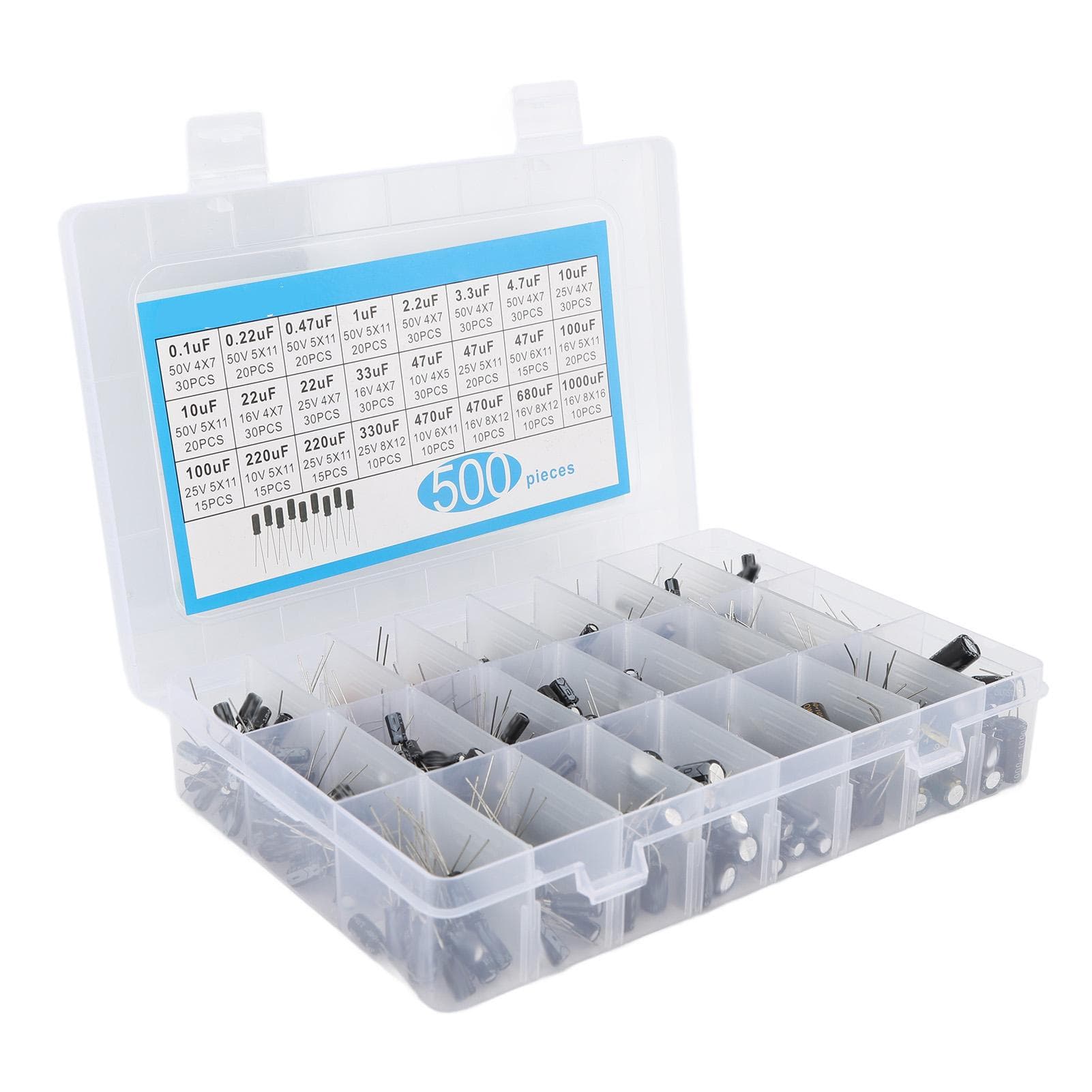 500Pcs Electrolytic Capacitor 0.1uF?1000uF 16V?50V 24 Values Aluminium Capacitor Assortment