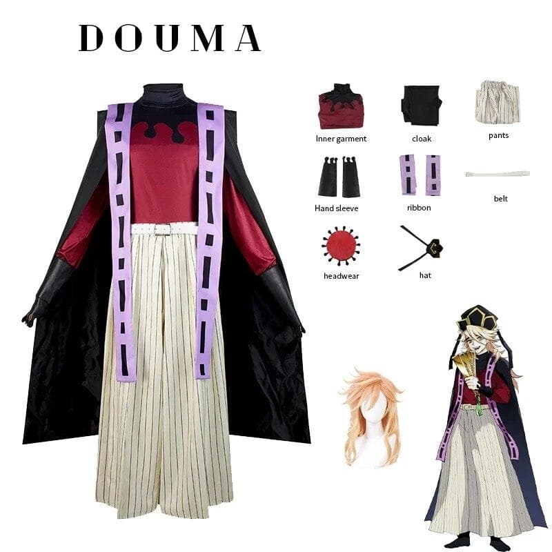 Demon Slayer Cosplay Doma Douma Cosplay Costume Wig Fan Sets Kimetsu No Yaiba Outfit Halloween Anime Douma Kimono for Men Women L-(Full set+wig)