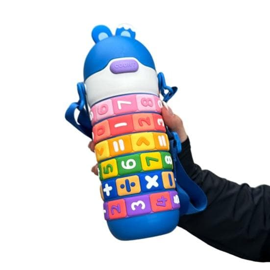 Kawaii Bear Water Bottle Kids Cartoon Straw Water Cup with Strap BPA Free Portable Leakproof Water Bottle Stainless Steel Drinking Water Bottle blue