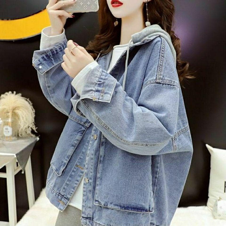 Hooded Denim Jacket for Women Korean Style Loose New Fashion Versatile Retro Top XL blue