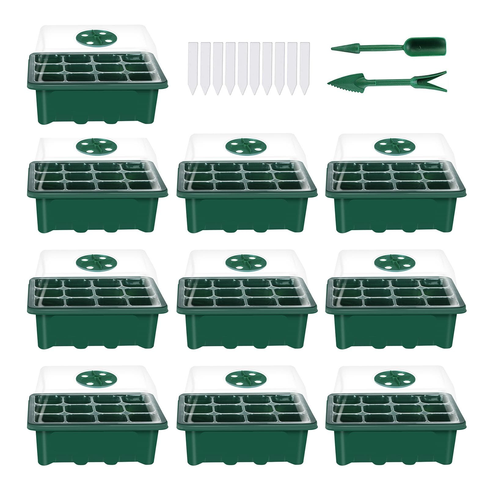 10 Set Seed Trays Seedling Starter Tray (12 Cells per Tray)with Adjustable Dome Lids and Base Plus green