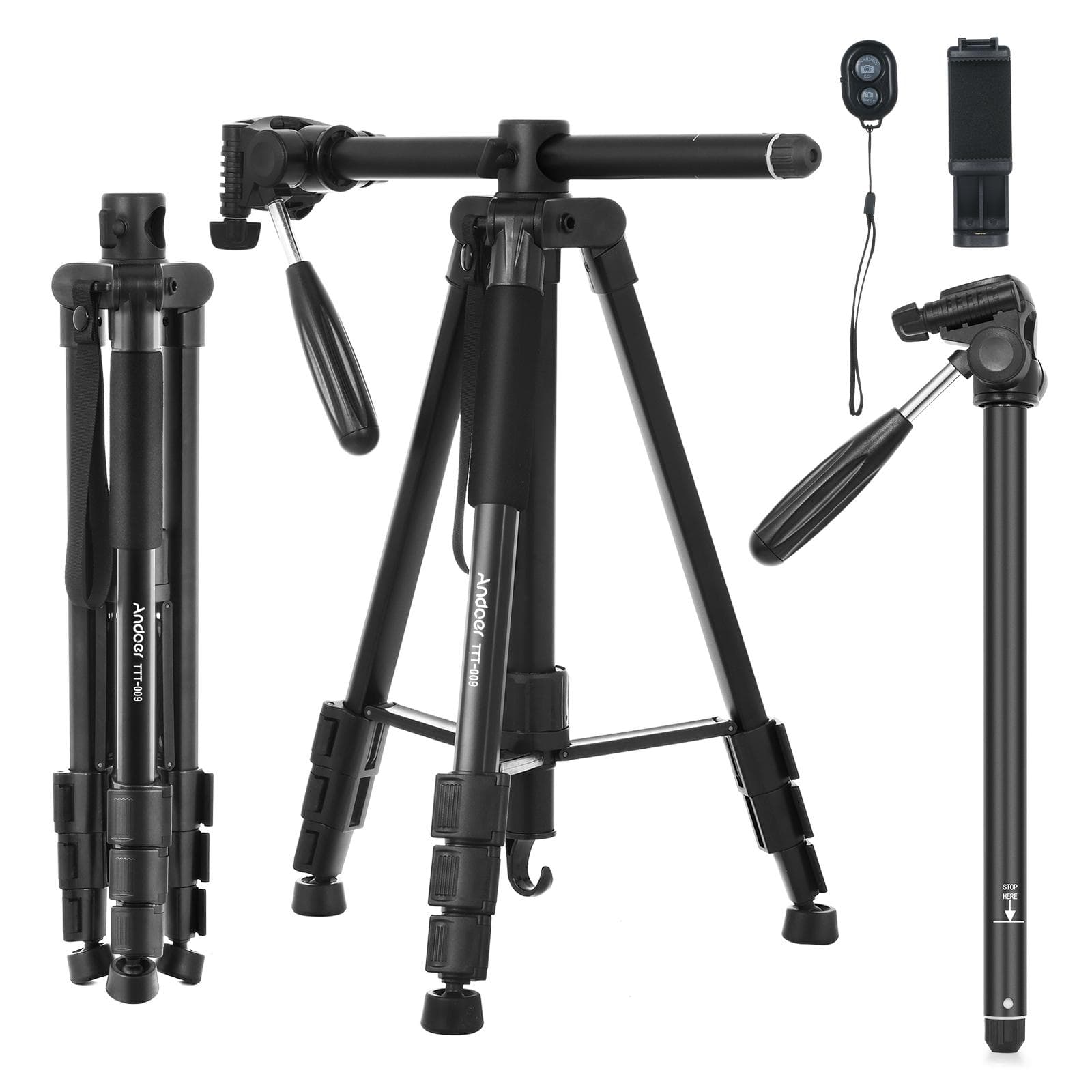 Andoer TTT-009 168CM/66.14Inch Portable Photography Tripod Monopod Camera Horizontal Tripod Stand black