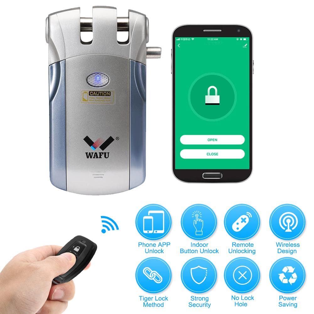 WAFU HF-018W WiFi Smart Electronic Lock Remote Control Invisible Keyless Entry Door Lock Zinc Alloy 4 Remote Keys blue/silver