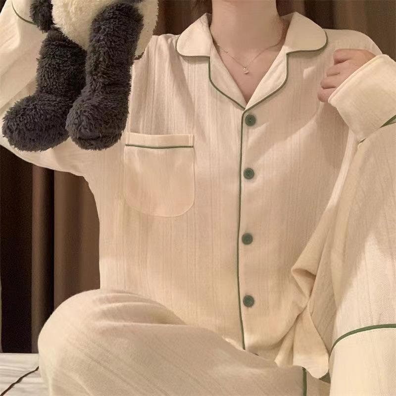 Women's Pajamas Set Spring and Autumn Ladies Home Clothes 2 Pieces Including Pants Single Breasted Long Sleeve Pajamas for Women 2XL