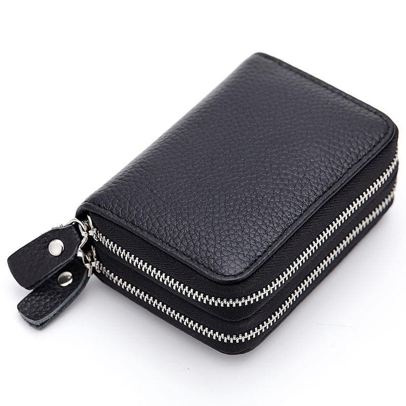 Fashion Double Zipper Credit Card Holder Wallet Genuine Leather RFID Womens and Mens Clutch Purse Key Small Change Card Bag black