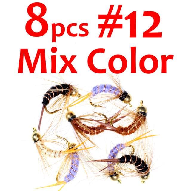 Wifreo 8PCS Size 12 14 Brass Bead Head Prince Nymph Stonefly Nymph Caddis Fly Black Purple Brown White Color Fishing Lure Bait #12 black/brown