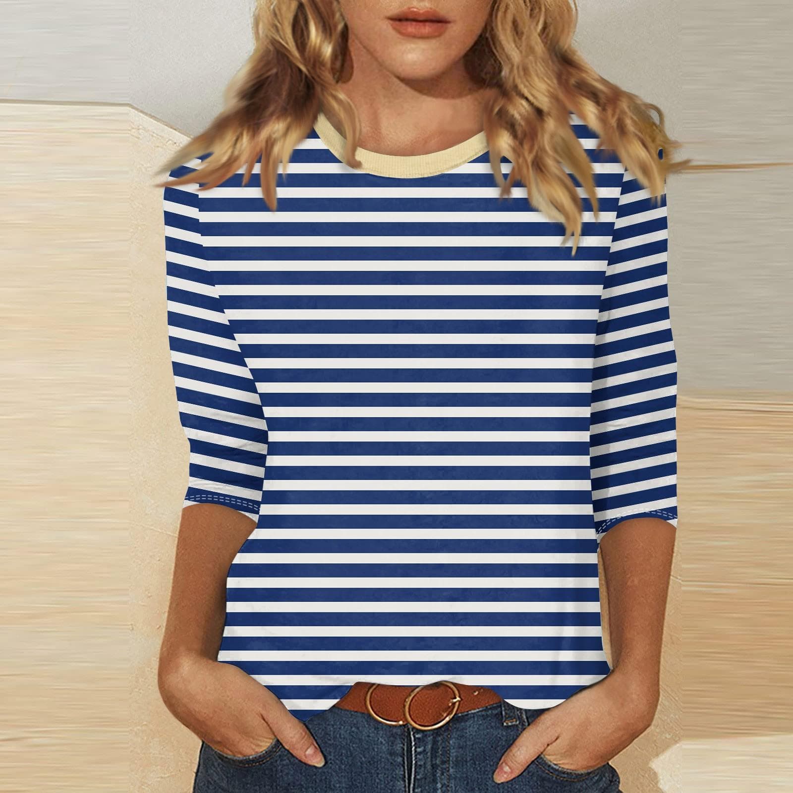 Women's Casual 3/4 Sleeve T-Shirts C Rew Neck Tops M blue