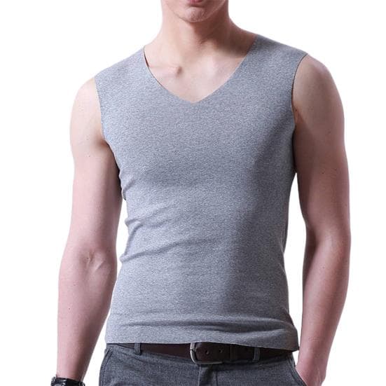 M Wardrobe Plus Size Men Sporty Solid Color Sleeveless V Neck Slim Seamless Vest Tank Top L grey
