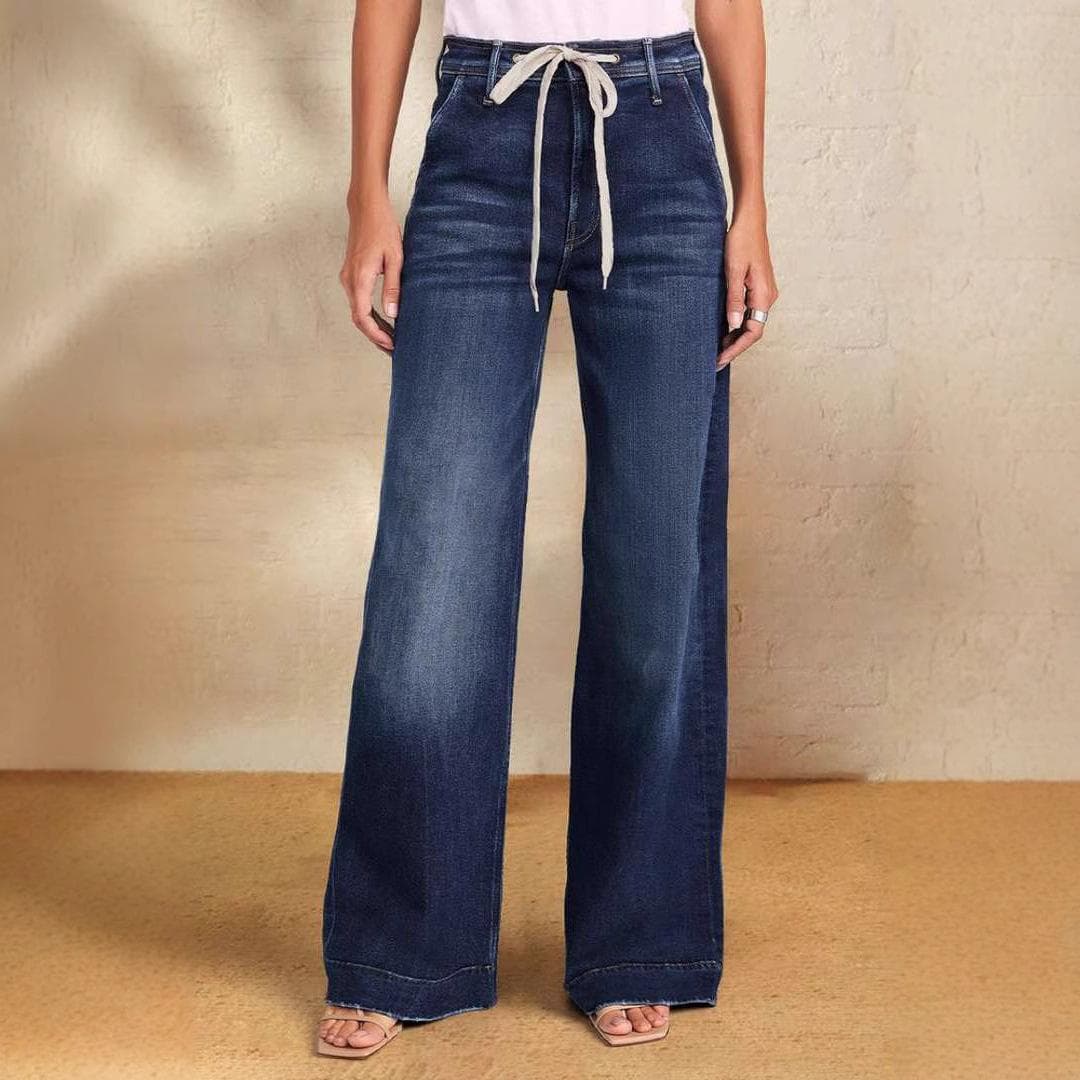 Women's Spring Lace Up Elastic Jeans Straight Leg Wide Leg Pants XXL dark blue