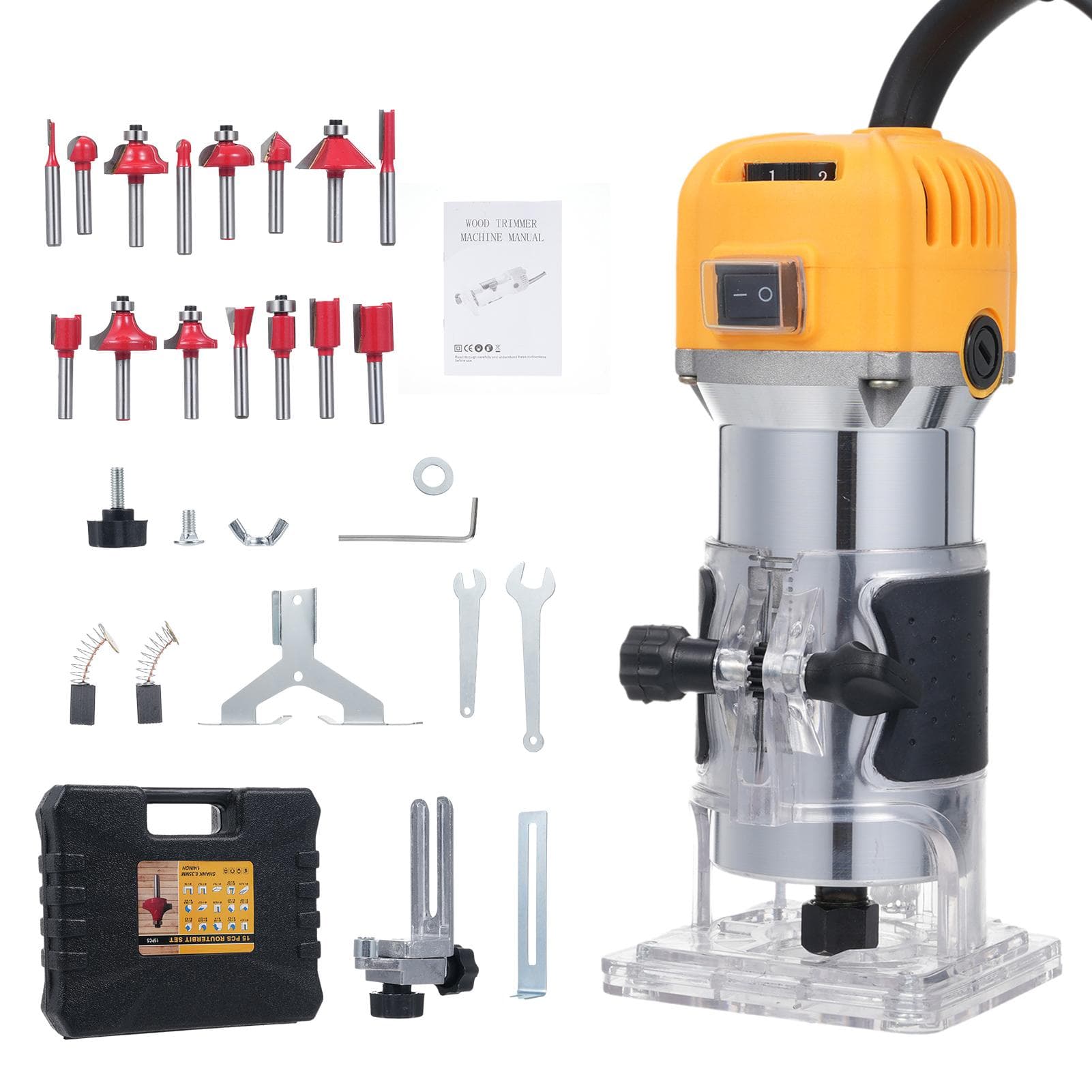 Compact Router 800W Wood Milling Trimming Engraving Slotting Machine 30000 RPM Variable Speed with UK yellow