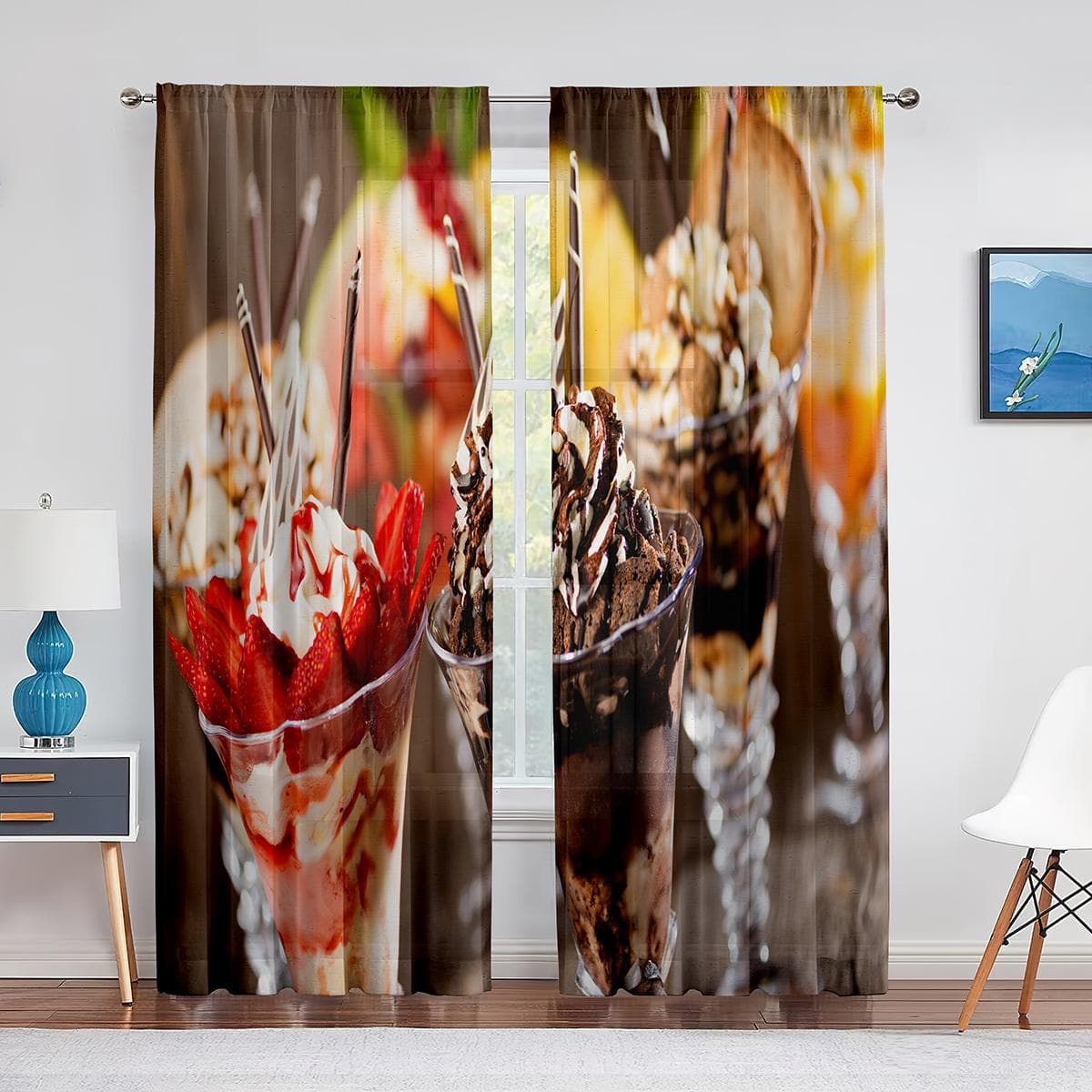 Ice Cream Ball Sweet Cold Creamy Dessert Sheer Voile Curtains for Living Room Bedroom Tulle Curtains Kitchen Window Panel Drapes 1 PCS W100XH250cm&Grommet Top