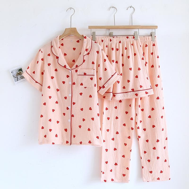 New Summer Pajamas Set 100% Cotton Crepe Love Short Sleeves + Shorts + Pants Three Piece Set Buckle Cute Ladies Pajamas XL