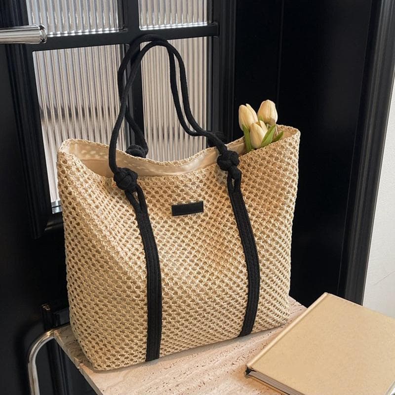 Summer Woven Straw Tote Bag Casual Beach Vacation Women Shoulder Bags Large Capacity Female Handbag 46x15x36cm beige