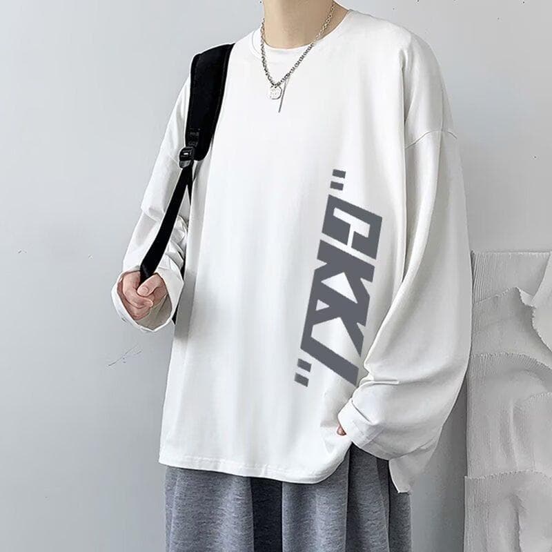2024 Men's Long-Sleeved T-shirt Autumn Undershirt Long Sleeve Cotton Autumn Hong Kong Style Printing Loose Trendy Top 7XL white