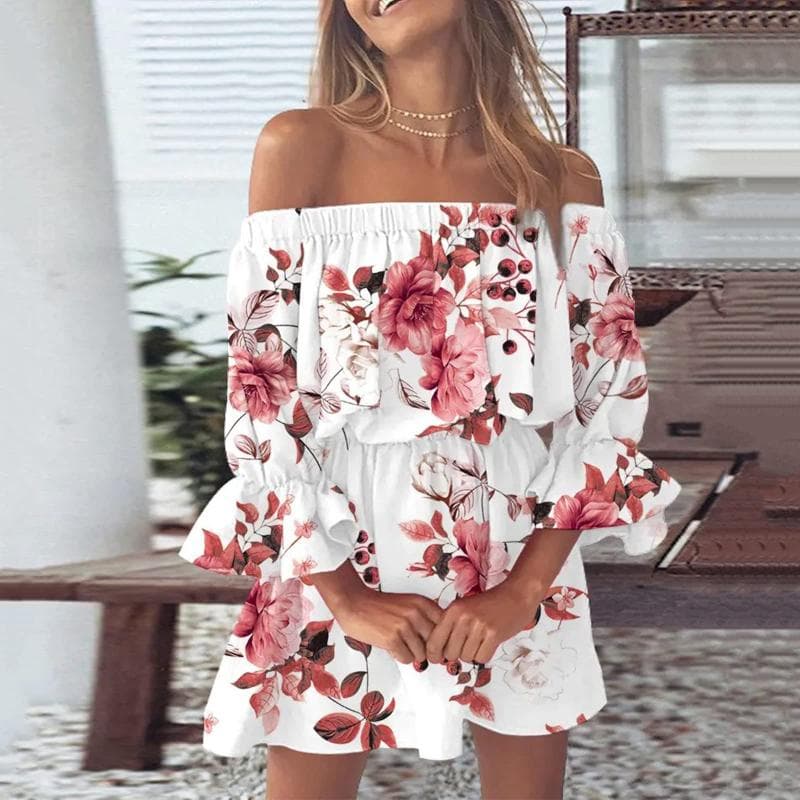 Women Floral Print Mini Dresses Summer Sexy Off Shoulder Flare Sleeve Tunic Dress Female Casual Boho Beach Dress 2XL red