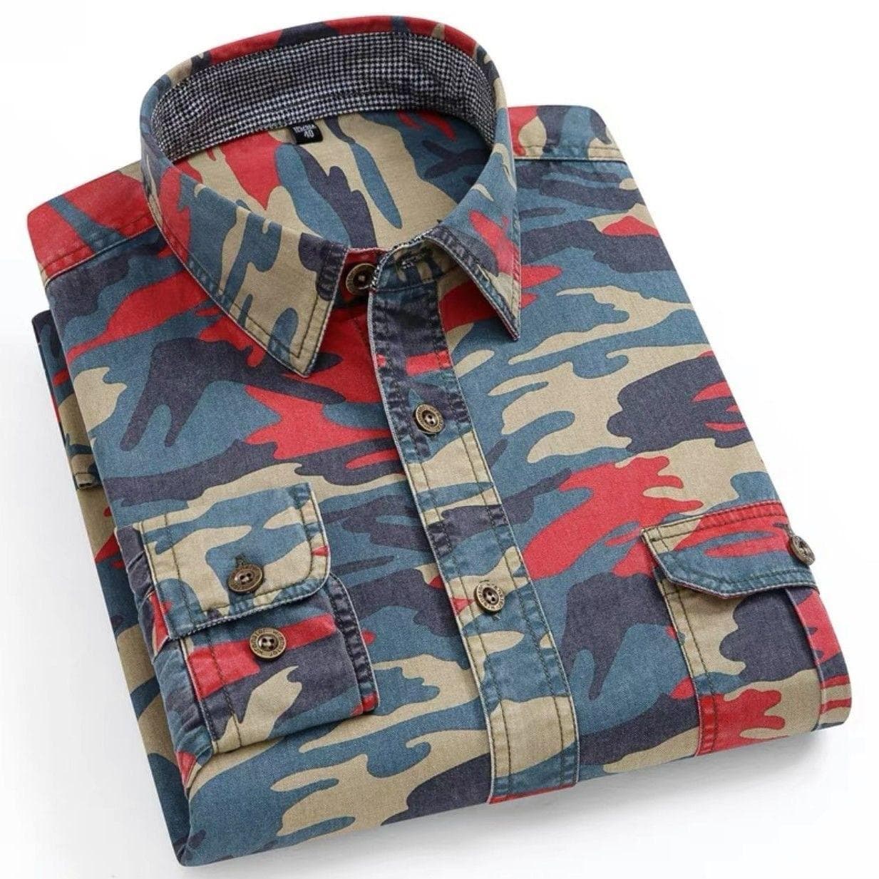 Men's Cotton Camouflage Cargo Shirts High Quality Outdoor Hiking Sports Long Sleeve Casual Shirts Men 42 camouflage/red