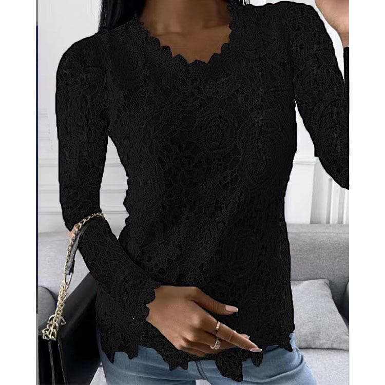 HNXC Women's Fashion Casual Autumn Winter Solid Color Print Long Sleeve O-Neck Blouses & Shirts M black