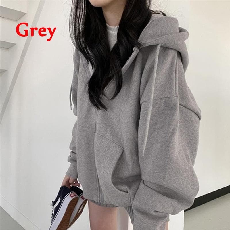Women's Fashion Autumn and Winter Fleece Warm Hooded Coats Solid Color Long Sleeve Oversize Hoodie Casual Loose Hooded Sweatshirt Zipper Jackets S gray
