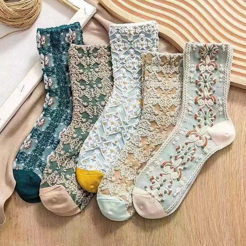 New 5 Pairs Women Vintage Cute Socks Set Female Lady Harajuku Kawaii Girl Floral Sport Short Socks Set For Women One Size