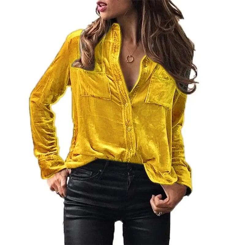 Fashion Long Sleeve Pockets Loose Women Blouse Elegant Solid Button Up Simple Shirt Woman Tops Spring Autumn Velvet Shirts 30538 XXL yellow