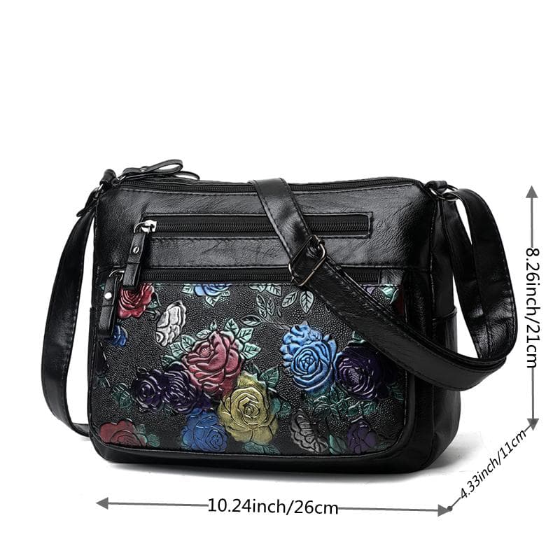 Flower Pattern Crossbody Bag, Fashion Zipper Shoulder Bag, Casual Purse For Women black