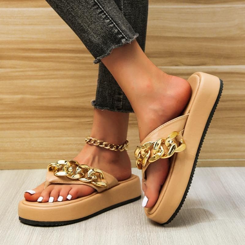 Ladies Summer New Fashion Round Toe Metal Chain Designer Women's Shoes Leather Clip-toe Beach Dress Women's Flip Flops 37