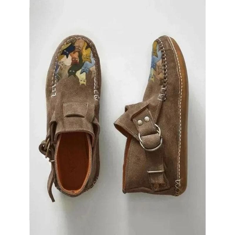 Boots Plover Female Comfort Cartoon Cat Printed Leather Button Casual Flat Ankle - 6 Purple 42 brown