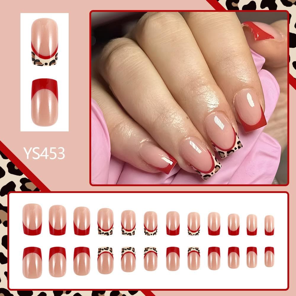 24pcs/Set Square Red Leopard Print Nail Stickers, Full Coverage Fake Nails, Suitable For Women Parties And Daily Wear