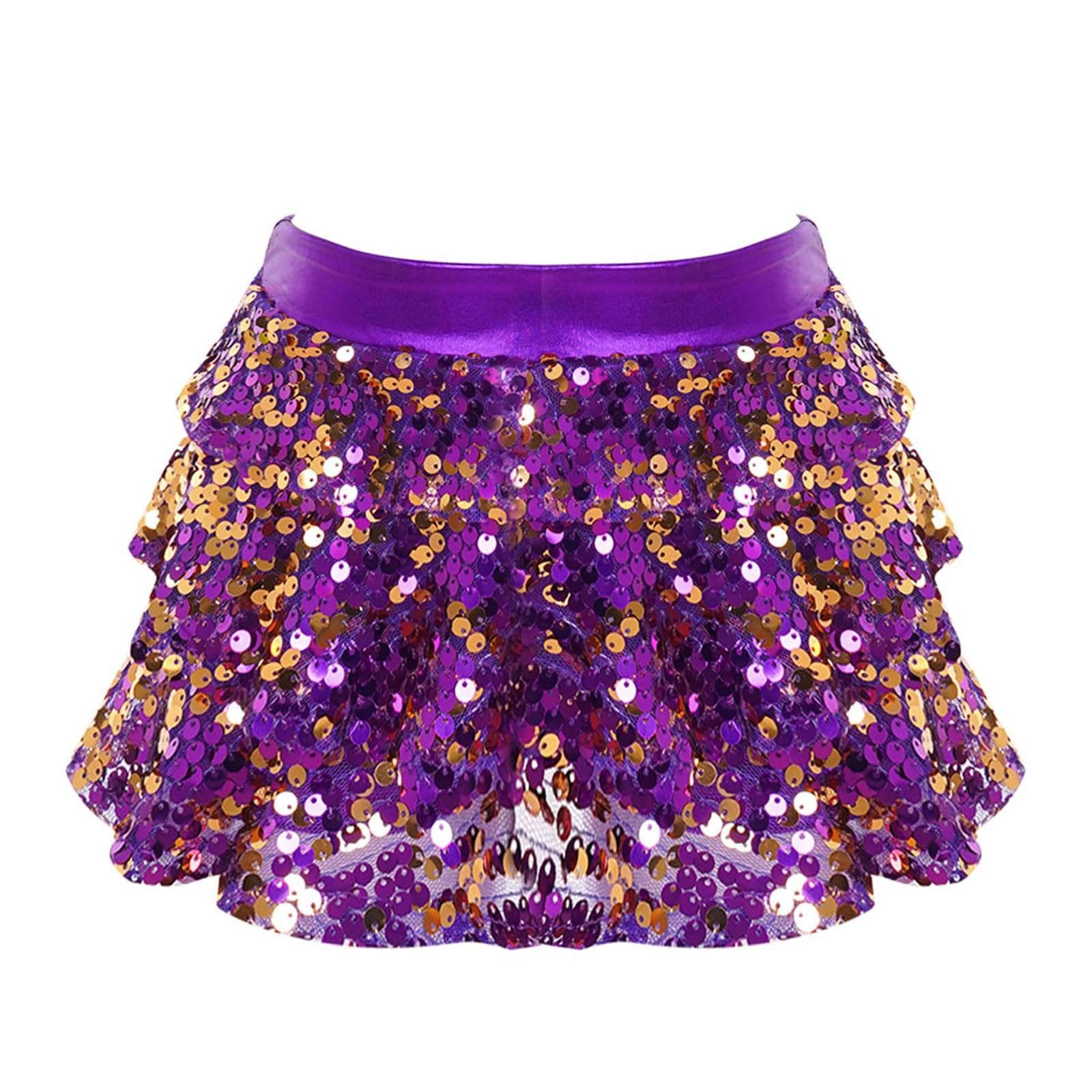 Kids Girls Sequin Metallic Skirted Shorts Jazz Latin Dance Outfits Performance Costume Dancewear 3-4 Years purple