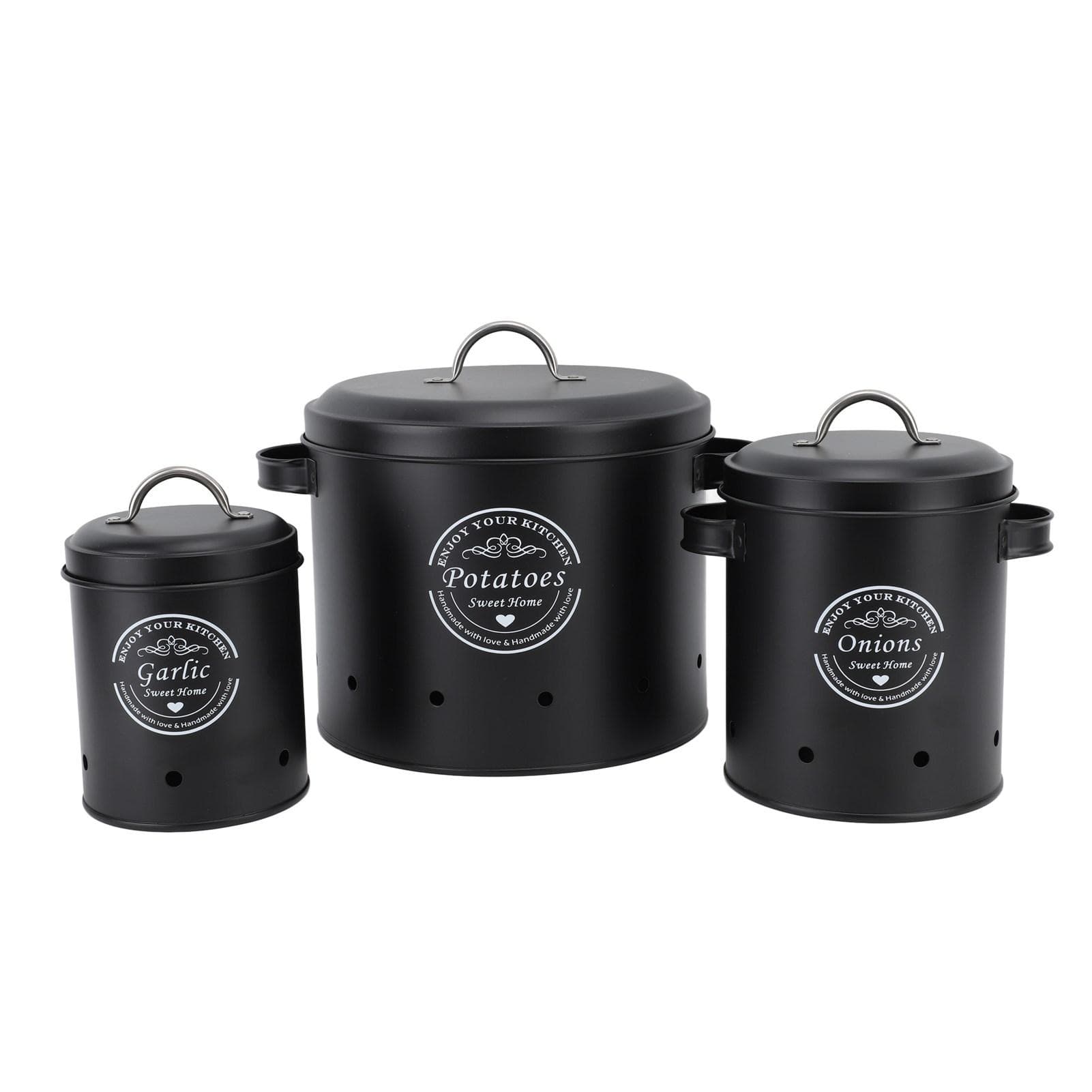 3PCS Potato Onion Storage Bin Carbon Steel Farmhouse Potatoes Holder Kitchen Storage Canisters Jars L black