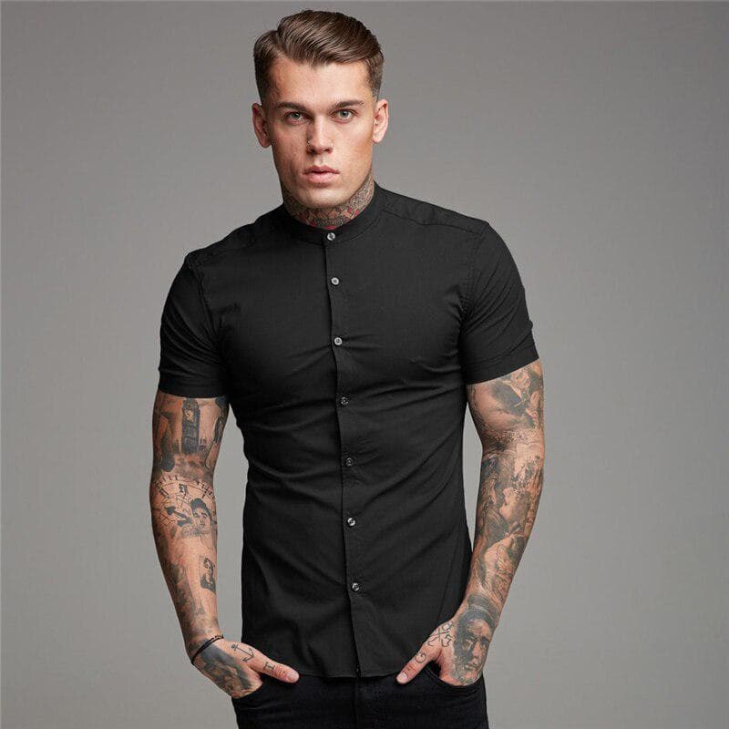 Muscleguys New Arrivals Summer Man Short Sleeve Shirt Solid Fitness Mens Stand Collar Super Slim Fit Business Dress Shirt Button Gym Tops M black