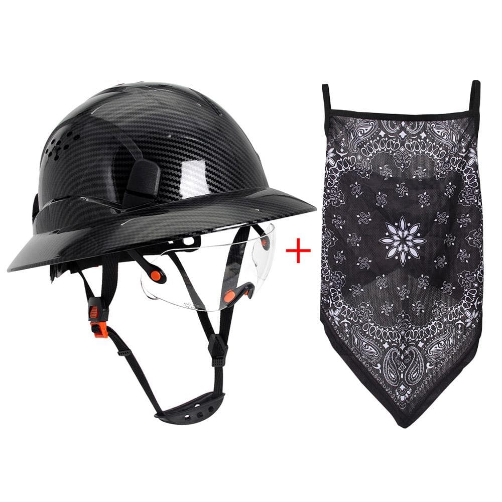 CE Carbon Fiber Full Brim Hard Hat W/ Built In Goggle Triangle Face Towel Construction Engineer Safety Helmet ABS Safety Cap