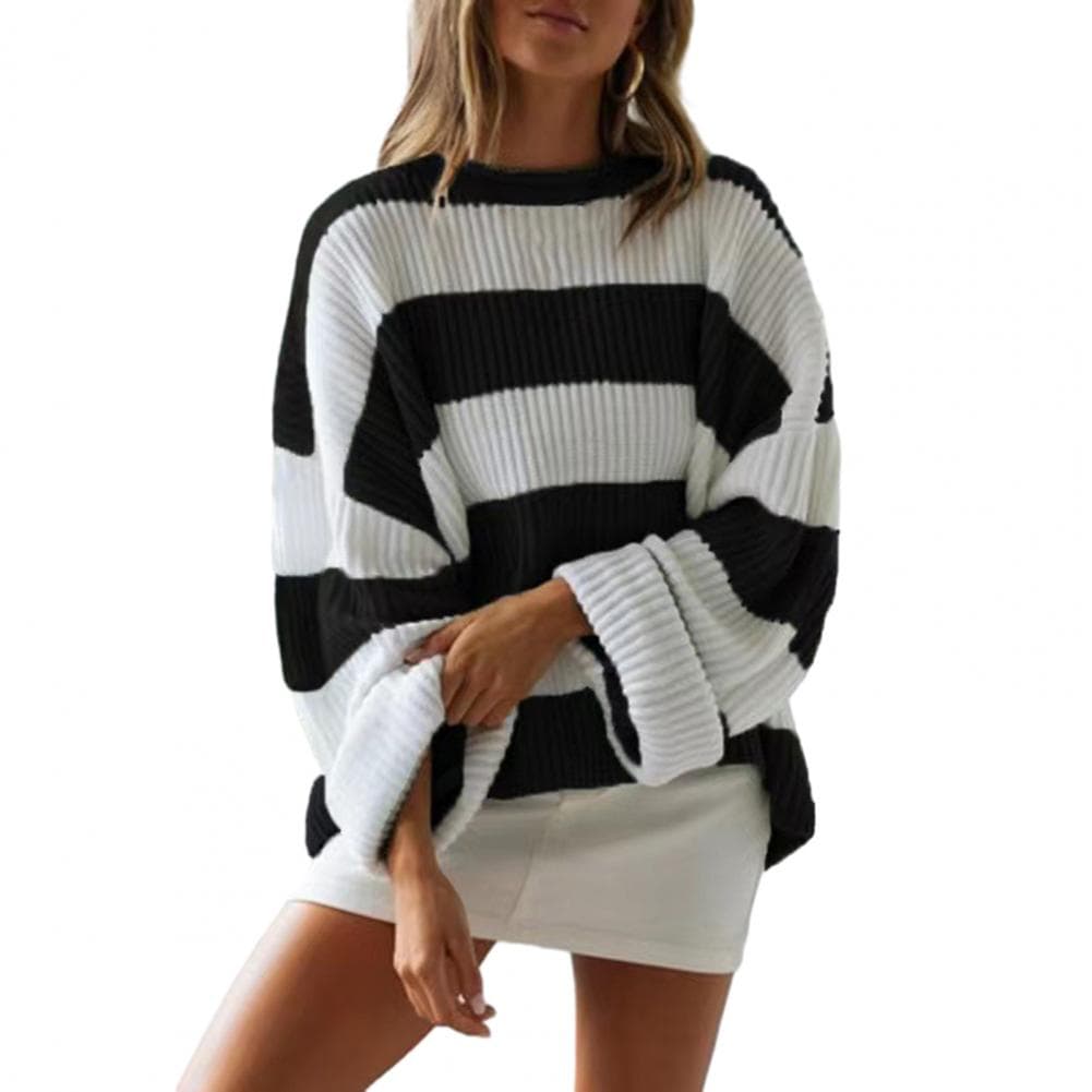 Fall Winter Women Sweater Colorblock Knitted Thick Loose Warm Pullover Round Neck Elastic Soft Cozy Anti-shrink Long Sleeve Lady M black