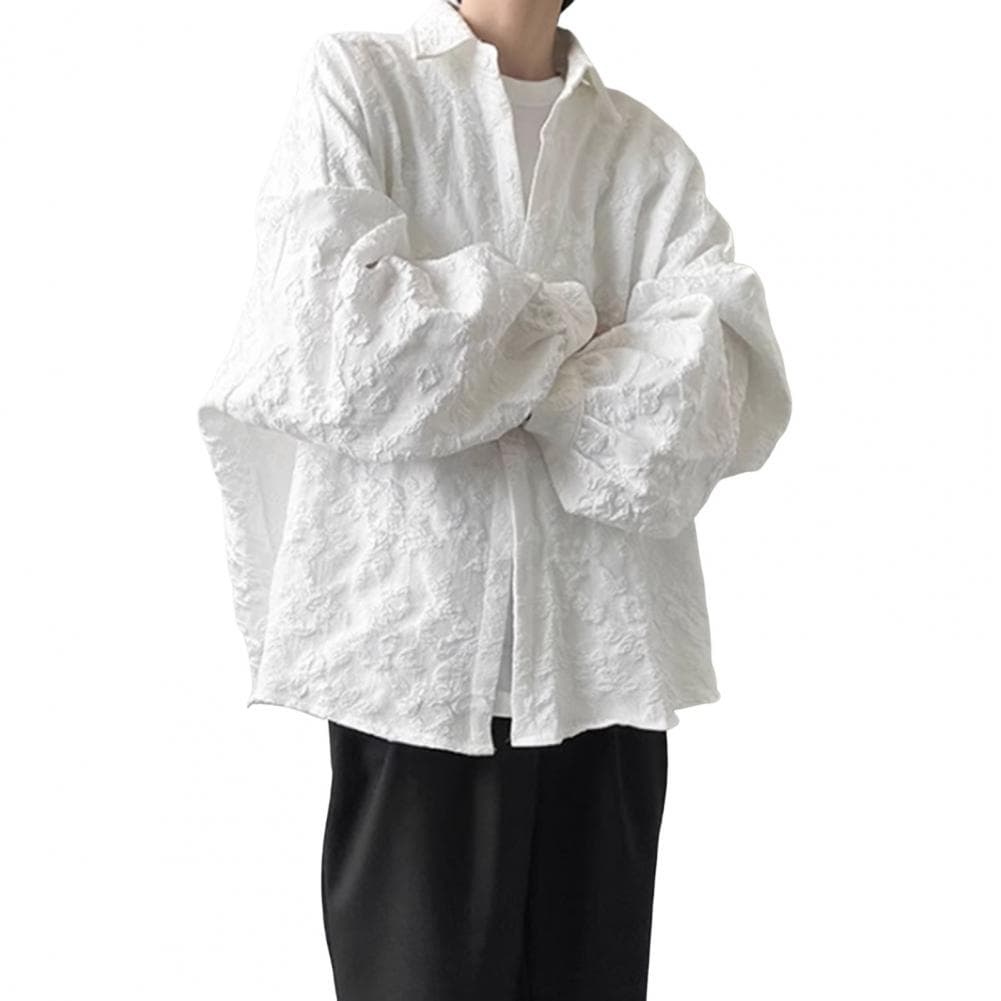Fall Spring Shirt Flower Rilievo Button-down Turn-down Collar Cardigan Long Sleeves Cardigan Loose Mid Length Dark Style Daily W M white