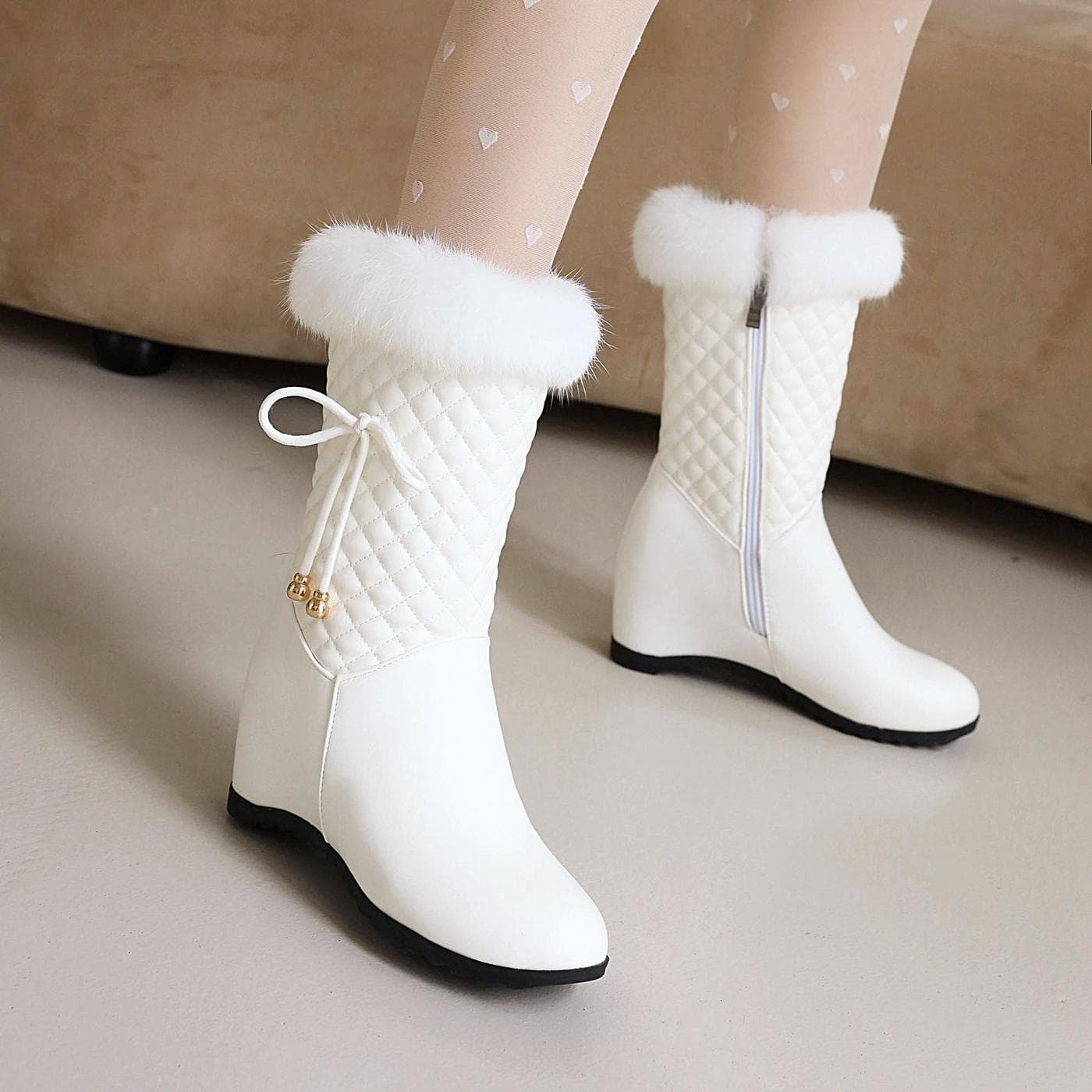 Winter white Real hair Women's Snow Boots Fashion Warm Plush Boots Ladies Round Toe zip Slope heel snow boots size 33-43 39 white