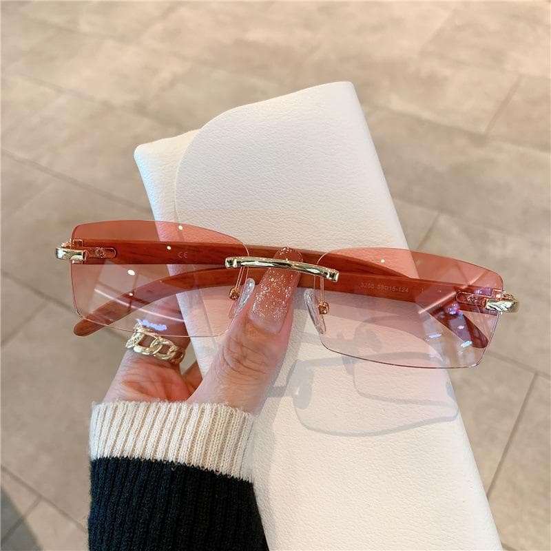 Rimless Sunglasses for Women Wooden Pattern Luxury Brand Retro Sun Glasses Fashion Shades UV4 Travel Outdoor Gafas De Sol