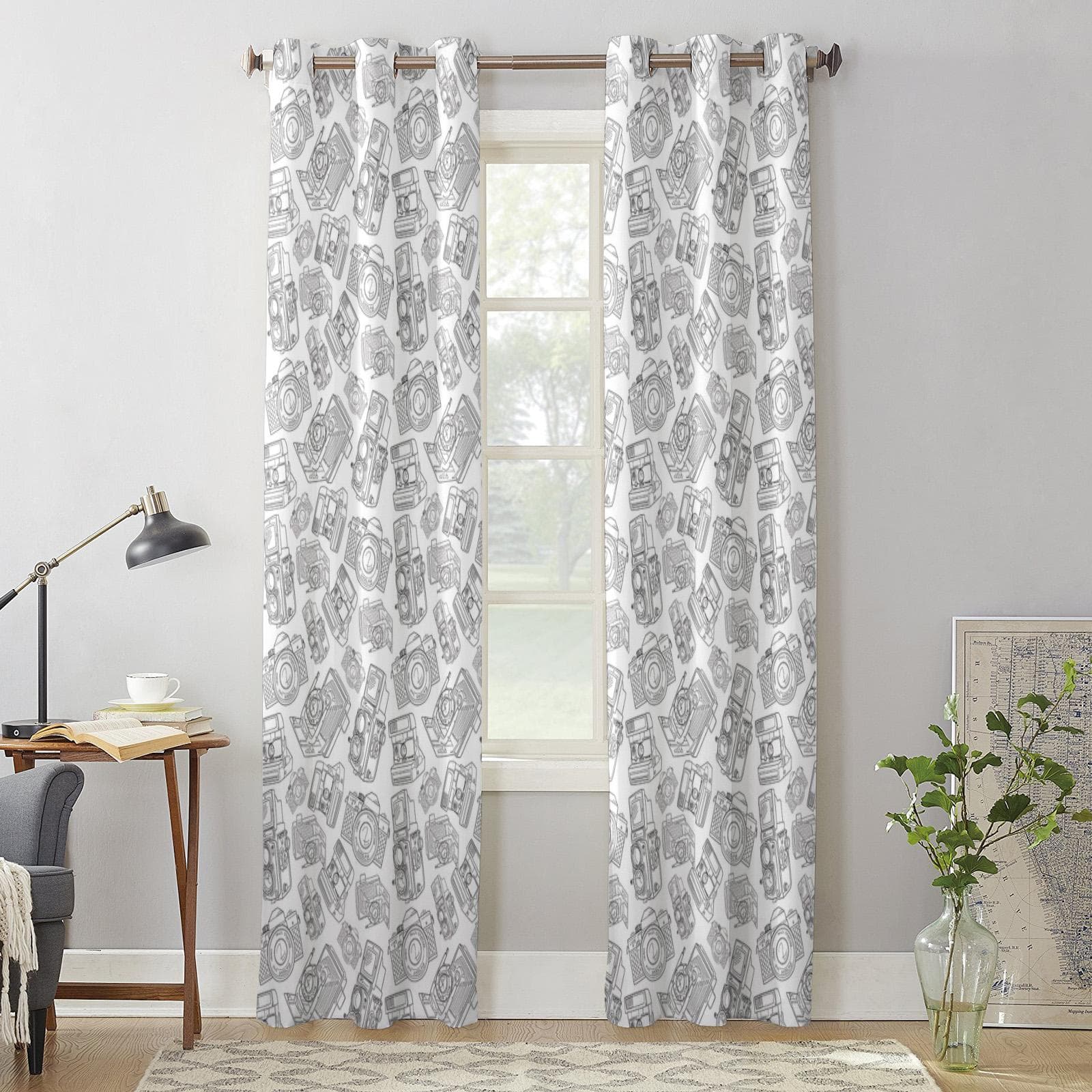 Modern Window Curtains for Living Room Camera Clock Line Art Curtains for Child Bedroom Kitchen Decor Blinds Drapes 135W x 60H(cm) x1