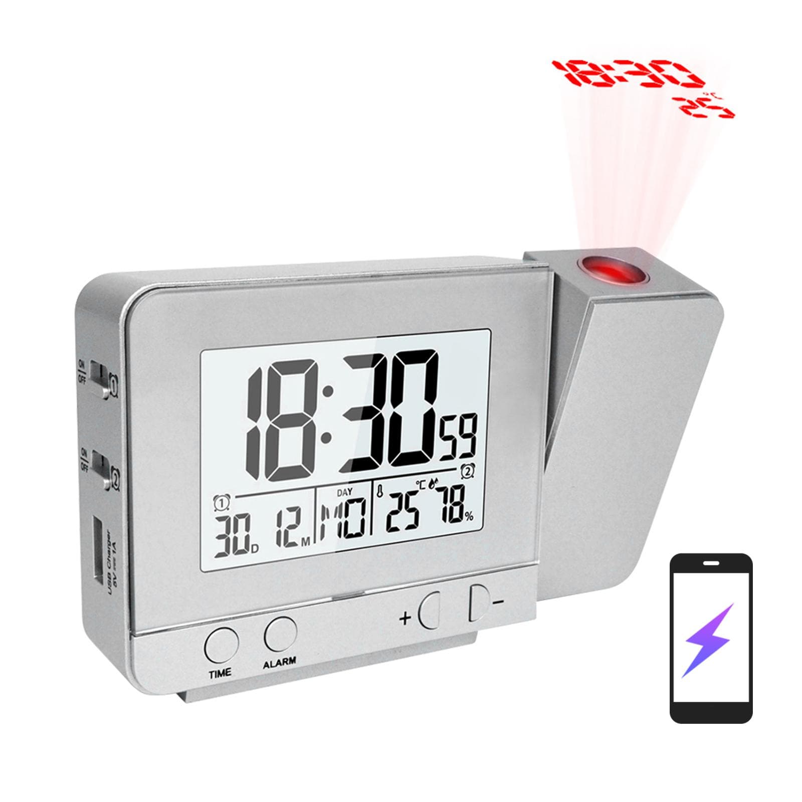 Projection Alarm Clock for Bedroom with Thermometer Hygrometer Digital Project Ceiling Clock silver