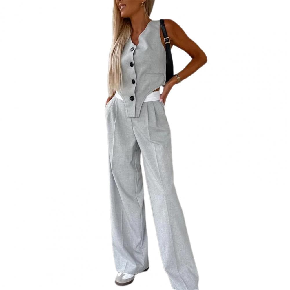 Wide-leg Pants Set Elegant Sleeveless V Neck Women's Suit Set with Irregular Waistcoat Wide Leg Trousers Formal for Office S light grey